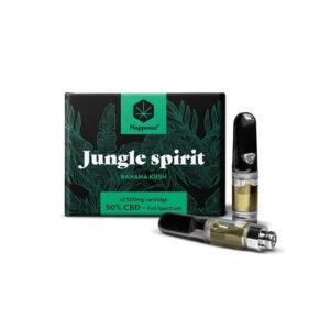 Happease Jungle Spirit Banana Kush CBD Kartusche Set mit zwei 500 mg Full Spectrum Kartuschen, 50% CBD-Gehalt, hochwertige Vape-Kartuschen mit grüner Verpackung und tropischem Blattdesign.