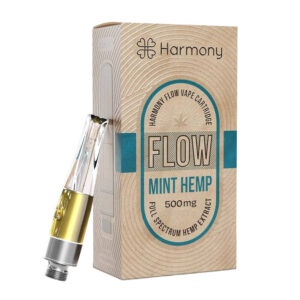 Harmony Flow Mint Hemp CBD Vape Kartusche neben Verpackung; Aufdruck „500 mg Full Spectrum Hemp Extract“, natürliche Hanf-Vape mit Minzgeschmack, hochwertige Kartusche für E-Zigarette.